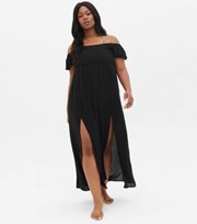 New Look Curves Black Shirred Bardot Beach Dress